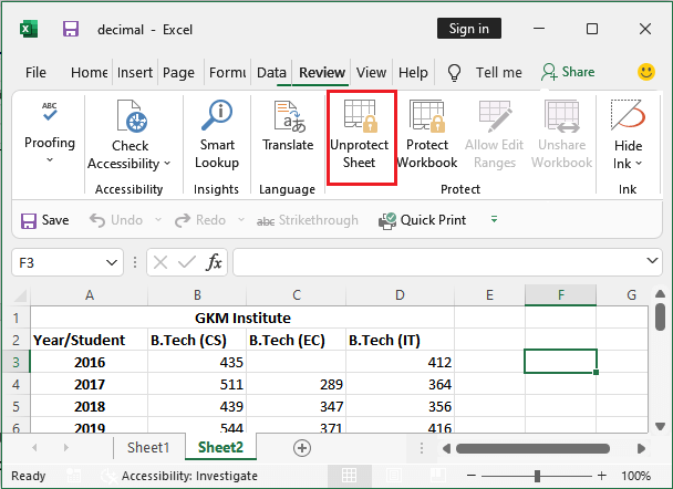 Linealoption in Excel ausgegraut 