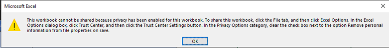 This workbook cannot be shared because privacy has been enabled for this workbook